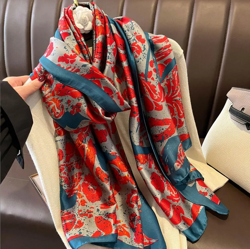Designer Silk Scarf With Stripe Flower Print For Women Spring