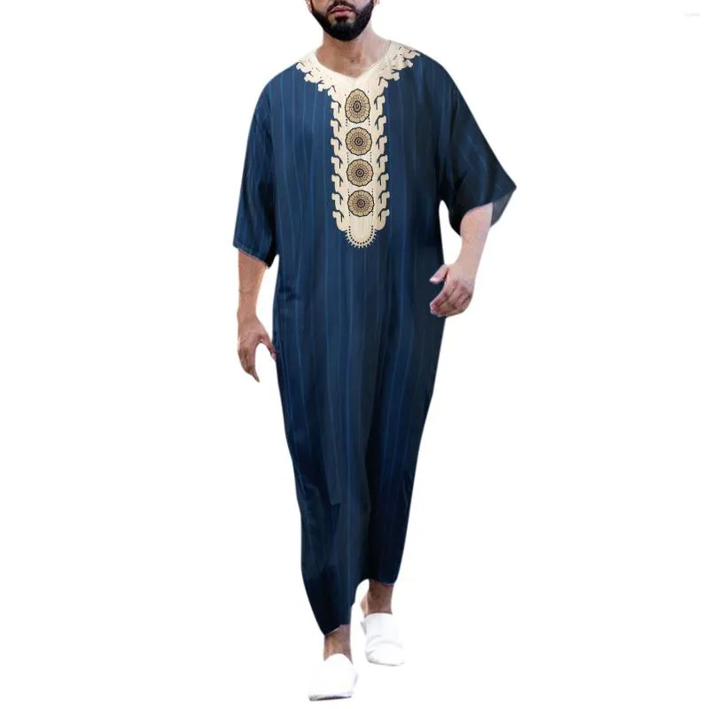 Etniska kläder Muslimska män Kaftan Robes Pakistan Traditionella tryck Mellanöstern Jubba Thobe Arab Abaya Turkish Dress Dubai