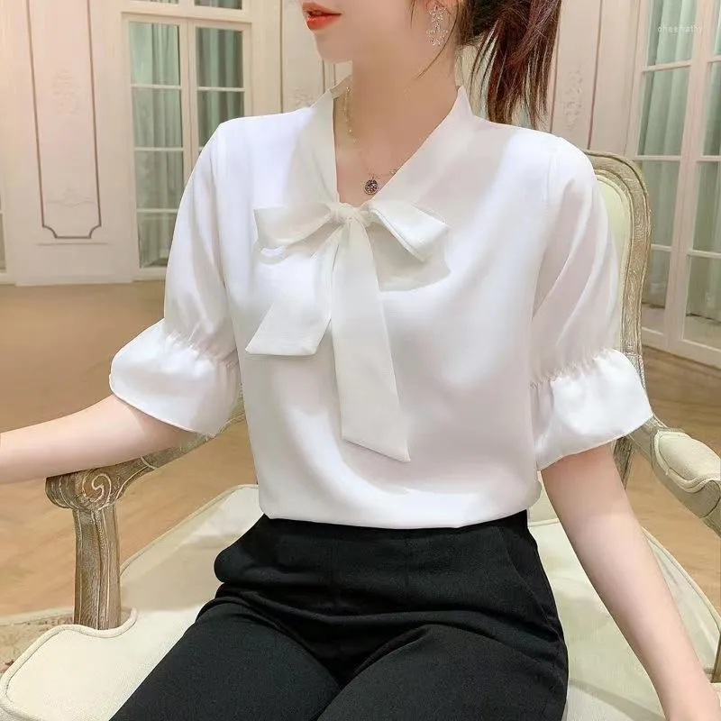 Kvinnors blusar Kvinnor Office Lady Chiffon Ladies Tops Lace Up Shirts White Blue Short Sleeve Spring Autumn Fashion 001e