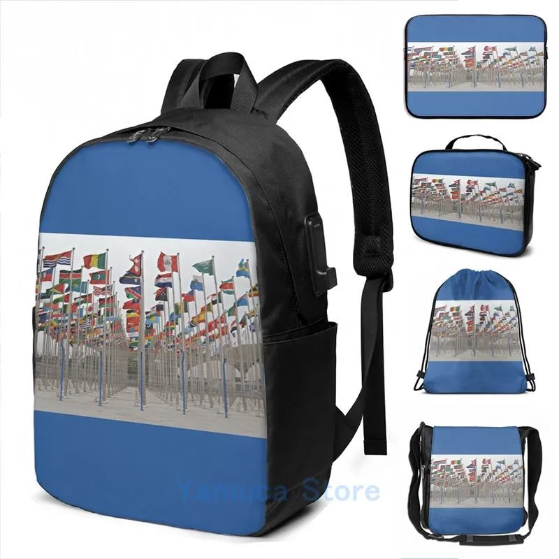 Ryggsäck roligt grafiskt tryck värld flaggor USB -laddning män skolväskor kvinnor väska rese bärbar dator