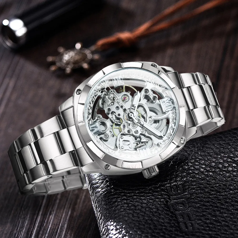 Wristwatches Forsining Square Gold Skeleton Automatic Men Watch Engraved Movement Luminous Hands Mechanical Watches Luxury Stainless Steel 230215