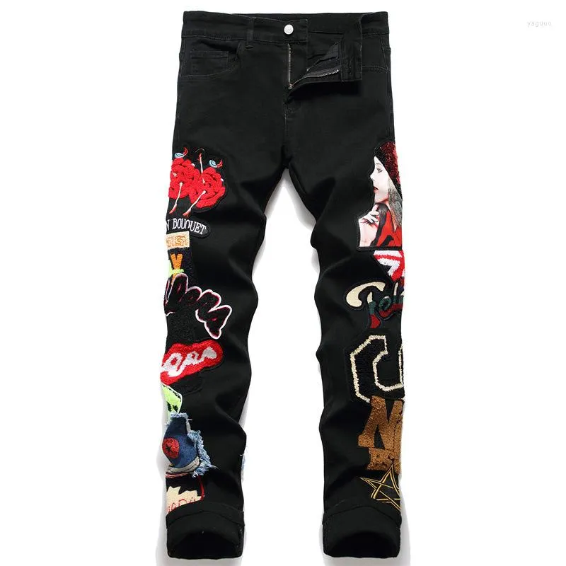 Męskie dżinsy Wysokiej jakości haft męski High Street Hip Hop Punk Black Fashion Proste chude dżinsowe spodnie