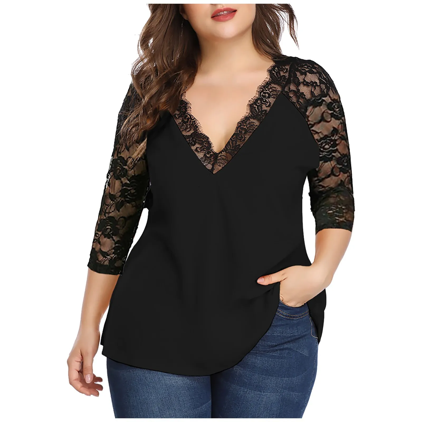 Women's Plus Size T-Shirt Plus Size Lace Blouse Women Summer Autumn Casual Long Sleeve V-Neck Lace Patchwork Shirt Ladies Tops Tunic Blouses Blusas 5XL 230215