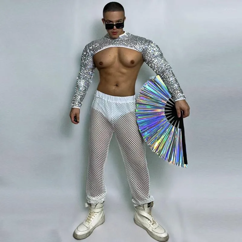 Stage Wear Male Pole Dance Performance Vêtements Blanc Paillettes Épaule Manches Mesh Pantalon Rave Outfit DJ Dancer Discothèque Bar Gogo Costume