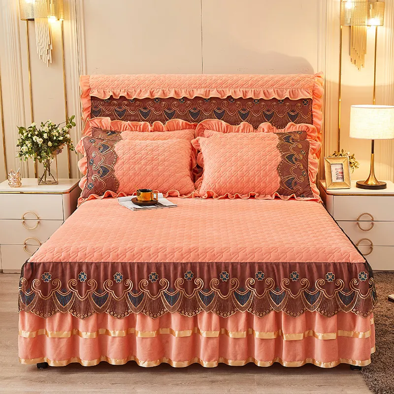 Yatak etek lüks dantel turuncu kış yatak örtüsü kalın ev yatak etekli yatak çarşafları pamuk pamuk Avrupa stil yatak yayıldı 230214