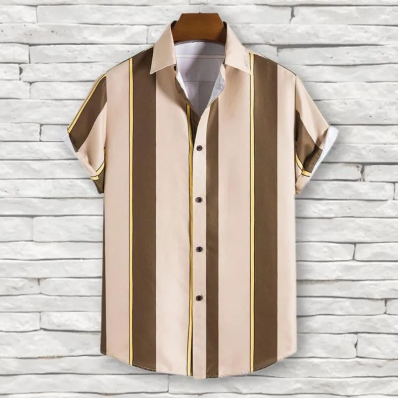 Men's Casual Shirts Men Shirt Stripe Print Contrast Color Short Sleeve Turn-down Collar Formal Top Daily Garment