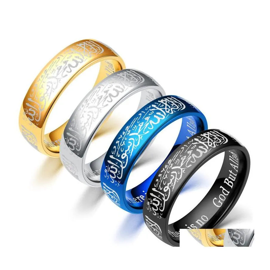 Anelli a fascia Anello in acciaio al titanio Corano Mesr Musulmano Religioso Islamico Halal Parole Uomo Donna Vintage Bague Arabo Dio Consegna a goccia Gioiello Dh0Dx