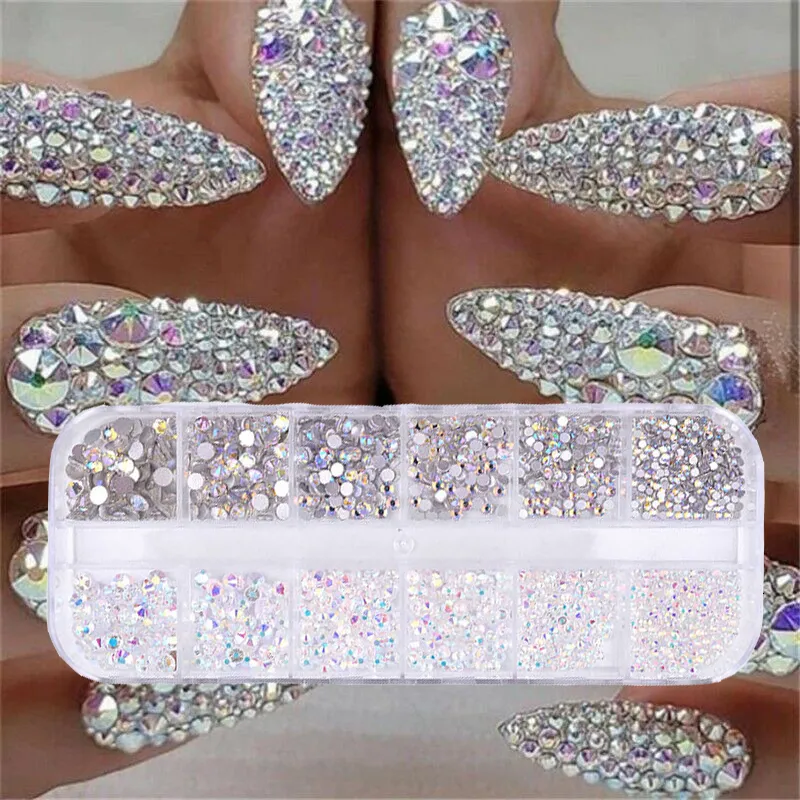 Nagelkonstdekorationer 12 lådor uppsättning av AB Crystal Diamond Gem 3D Glitter Nail Art Decoration Beauty 230214