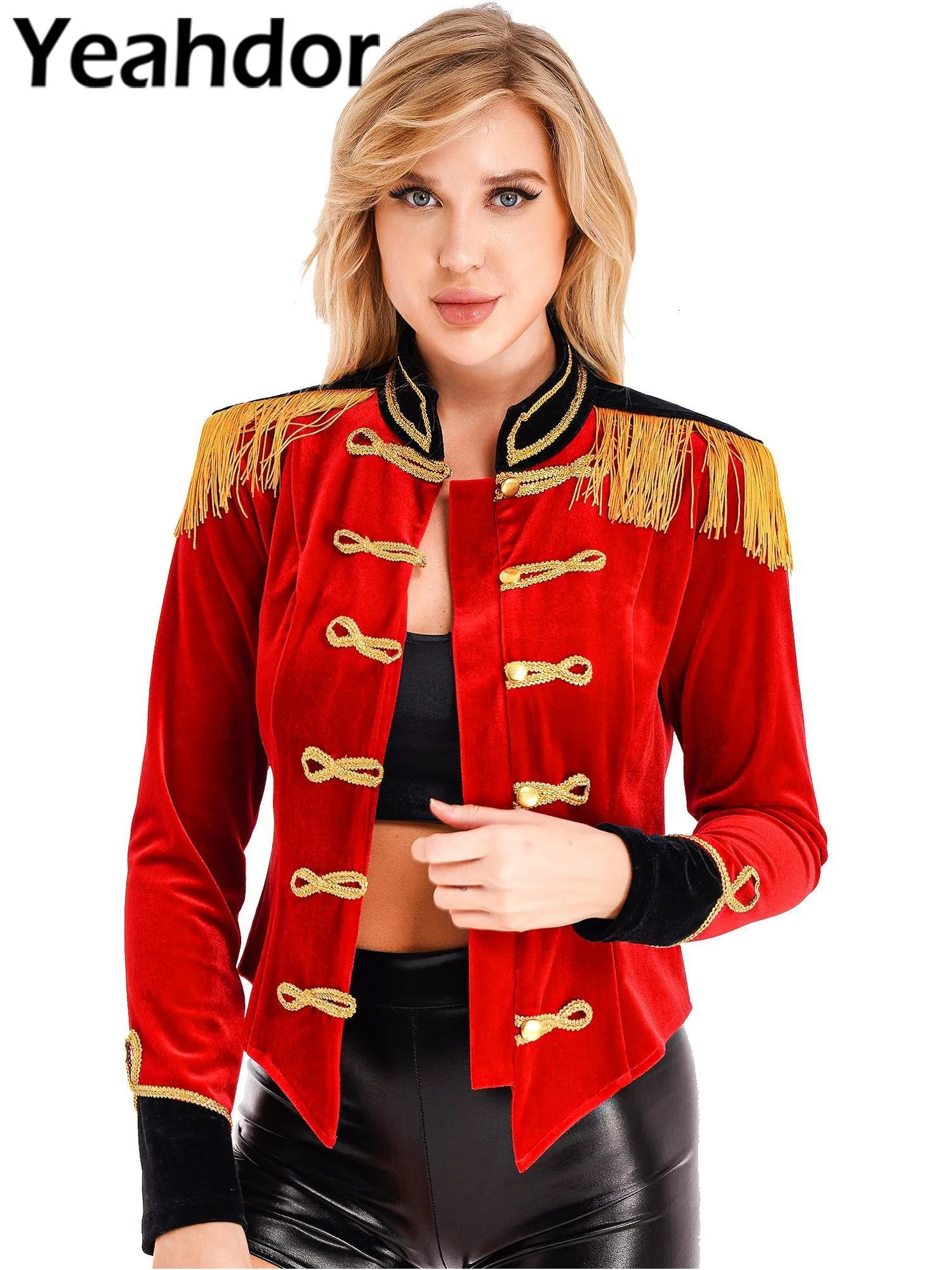 Womens Jackets Circus Ringmaster Costume Halloween Cosplay Stand Collar Fringed Shoulder Board Velvet Jacket Coat cosplay cloth 230215