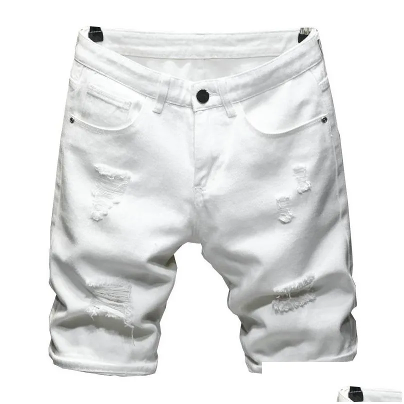 summer pure white black lightweight ripped denim shorts classic brand clothing young mens slim straight casual jeans