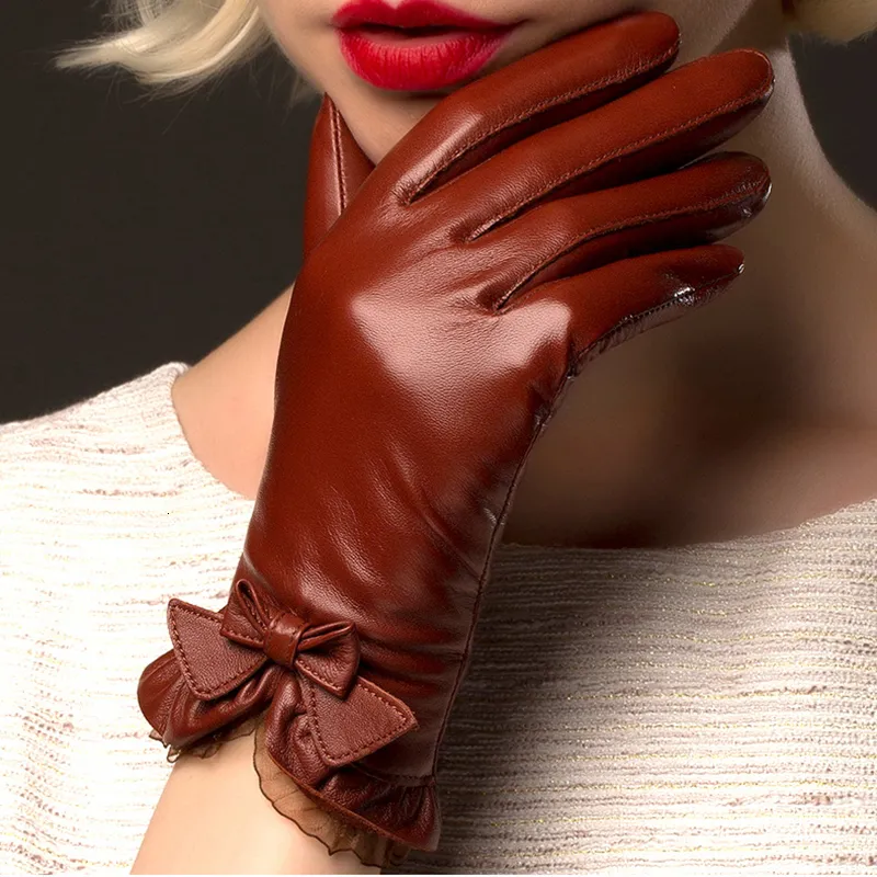 Mittens Boouni oryginalne rękawiczki owczesko -skóry moda koronkowa łuk solidne kobiety skórzana rękawica termiczna jazda na zimę hep ciepło NW176 230214