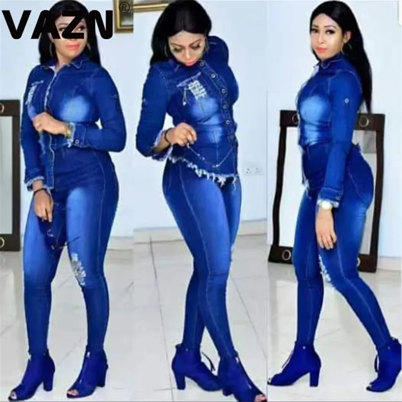 Tweede stuk broek voor dames Vazn Shinny Sport Blue Casual Tracksuit voor vrouwen Denim Set Full Sleeve 2 -delige sets Night Club Young Lady Sport Sets 230214