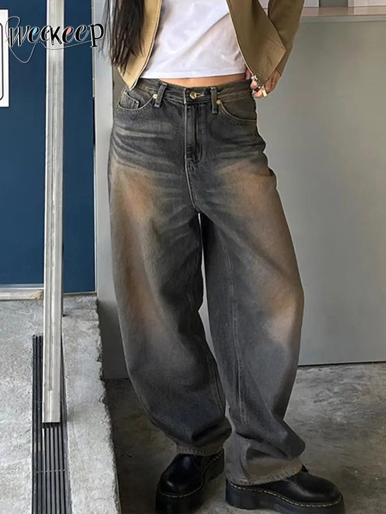 Kvinnors jeans Weekeep Y2K Grunge Baggy Mom Jeans 2000 -tal Retro Low Rise Wide Leg Denim Casual Pants Women Overdimased Cargo Pants Streetwear Basic 230215