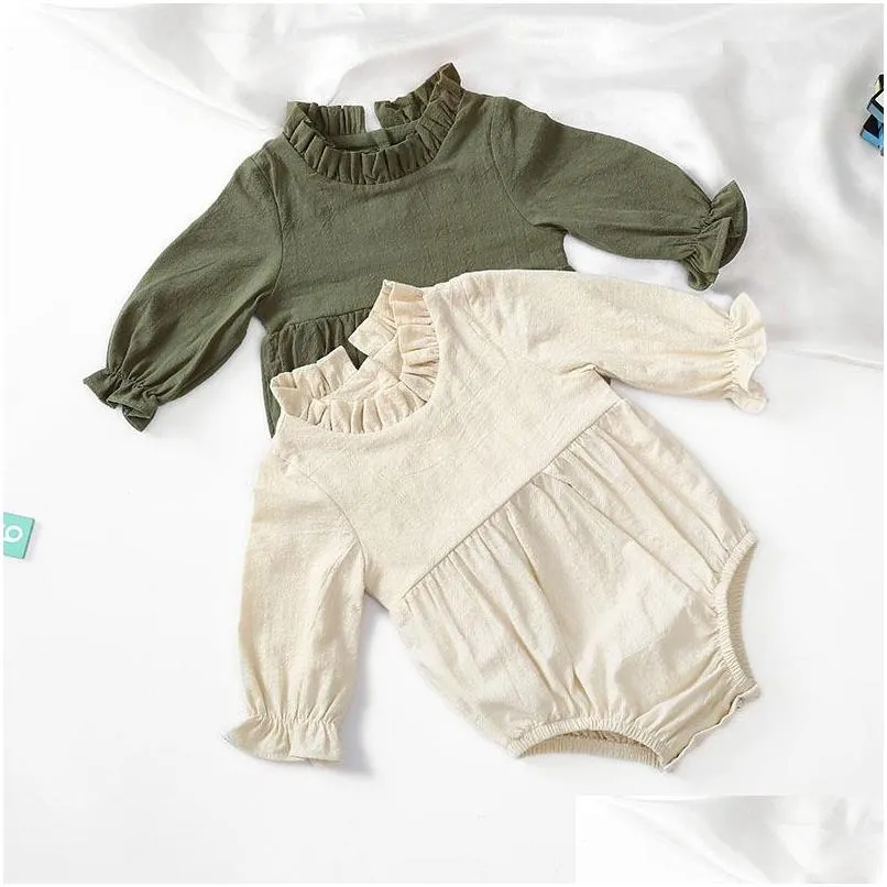 Rompers barn tyg flickor pojkar solida färger romper spädbarn småbarn ruffle nack jumpsuits sommar höst mode boutique baby klättring dhkwf