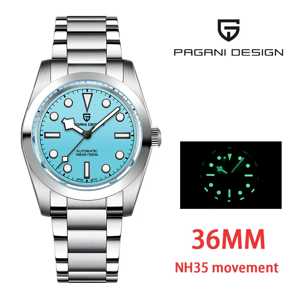 Bilek saatleri pagani tasarım 36mm kar tanesi işaretçisi mekanik erkekler kol saatleri lüks safir cam nh35 hareketi erkekler için otomatik saat 230215