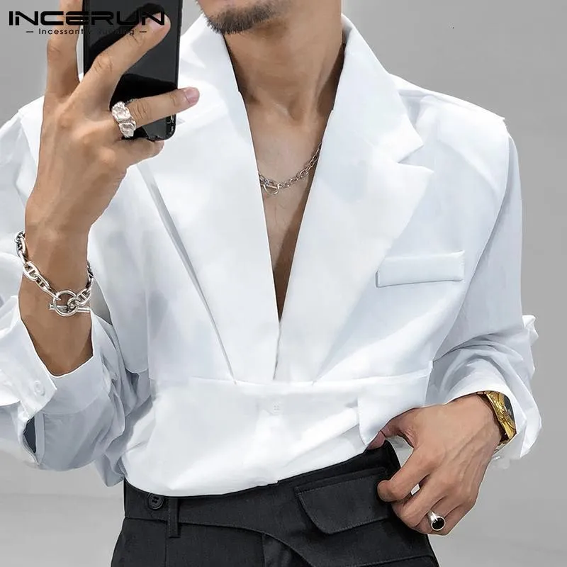 Camicie casual da uomo INCERUN Camicia da uomo Tinta unita Bottone con risvolto Manica lunga Moda Top Streetwear Allentato Tempo libero Camisa Masculina S5XL 230214