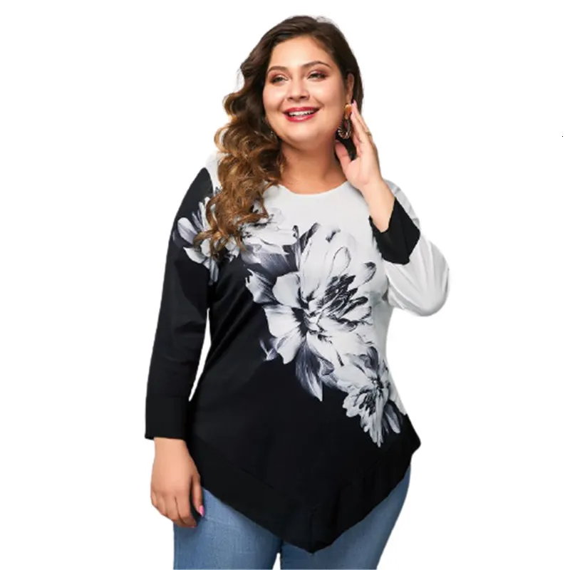 Koszulka damska Plus w rozmiarze Plus 5xl Plus Dame Domowe koszulki odzieżowe T-shirty 3/4 rękawu kwiatowy nadruk swobodny topy Sping Lato Lace Patchwork Street Pullover TEE 230215