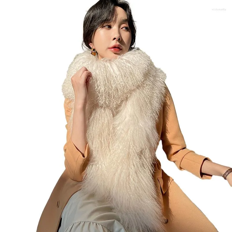 スカーフ2023長いモンゴルの子羊毛皮の女性冬の濃い暖かい本物のウールショールナチュラルマフラースヌードTZ8642