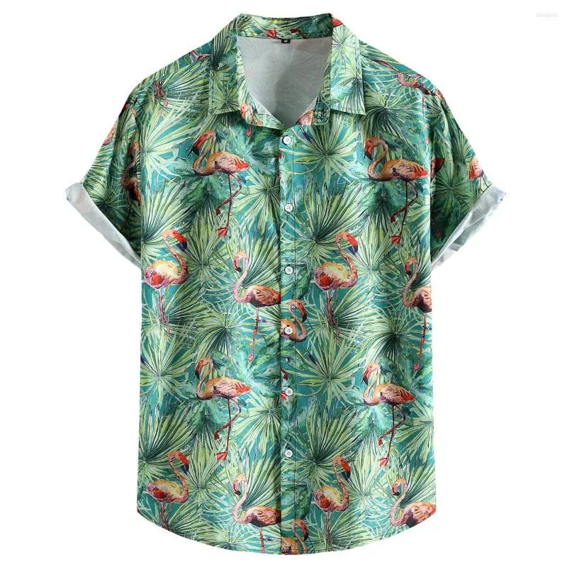 Casual shirts voor heren zomer korte mouw Hawaiiaans shirt mannen 2023 mode groen flamingo print tropisch strand aloha feest vakantie kleding
