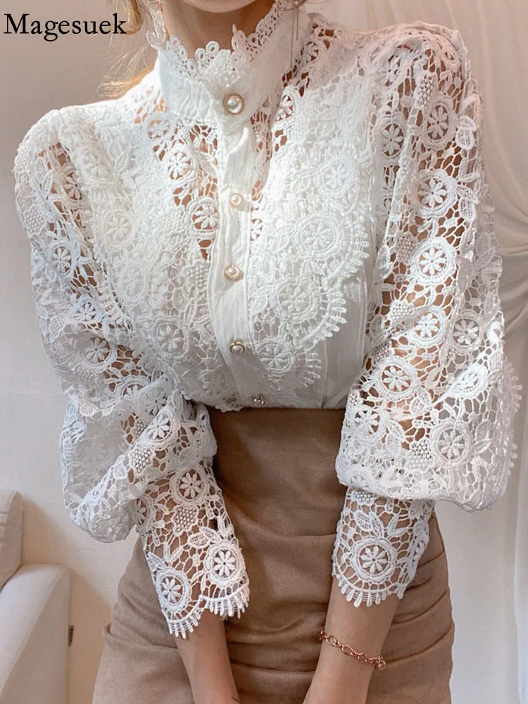 Women's Blouses Shirts Petal Sleeve Stand Collar Hollow Out Flower Lace Patchwork Shirt Femme Blusas All-match Women Lace Blouse Button White Top 12419 230215