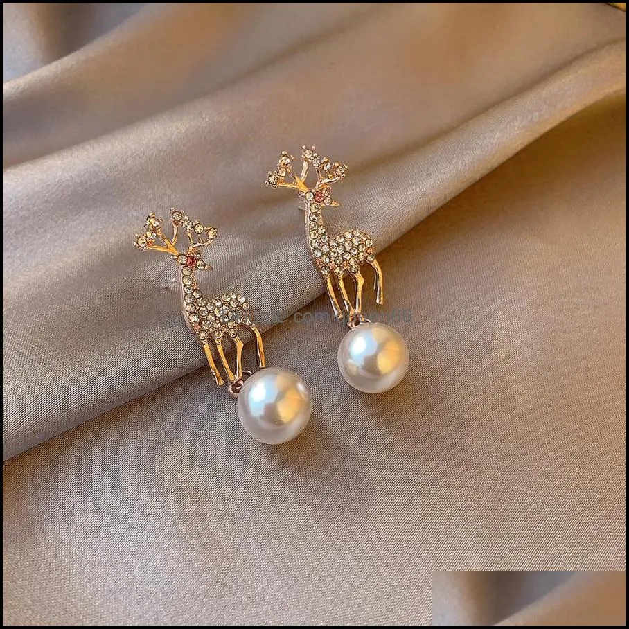 christmas elk diamond earrings temperament korean cute little animals pearl earring ear clip adjustable deer earrings