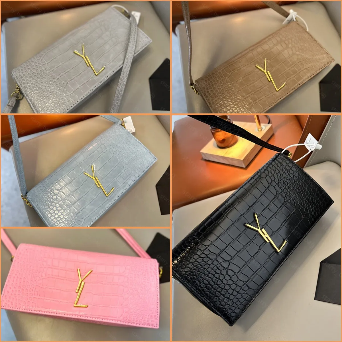 Novas bolsas de grife Baguette Shouder Bag Even Crossbody Sly Handbags Crocodile Grain Leather Womens Handbag Pruse Letters Underarm Bag