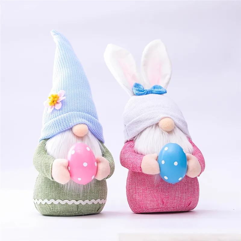 Décoration de fête Nouvelles oreilles roses de Pâques à carreaux lapin gnome poupée elfe poupée ornement articles de décoration pour la maison