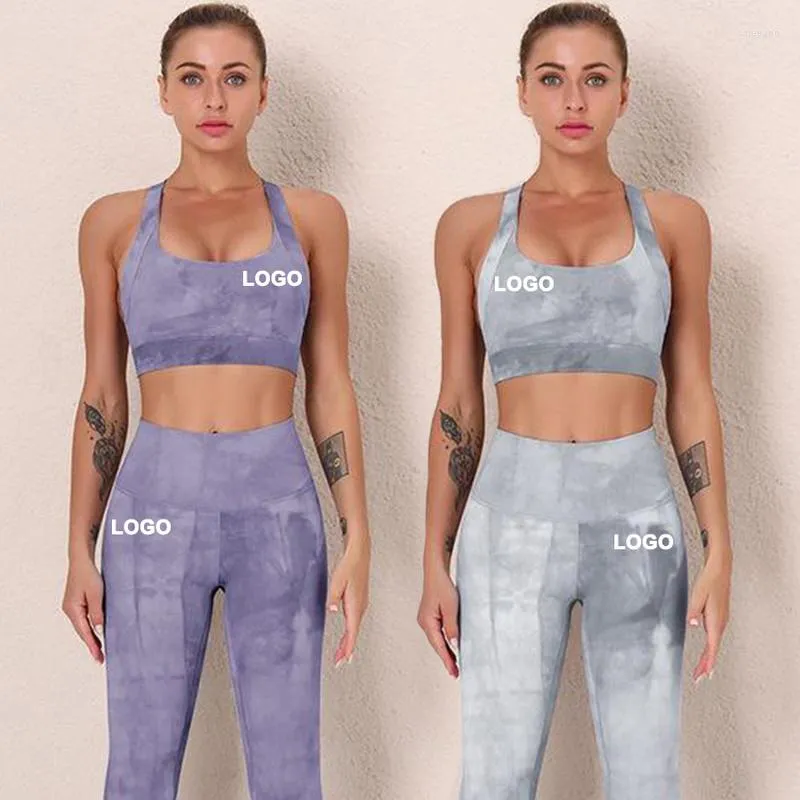 Aktive Sets Großhandel Hohe Qualität Tie Dye Nude Gebürstete Hosen Low Cut Hohl Gym Nahtlose Yoga Tragen Set Schönheit zurück Bh Workout Activewear