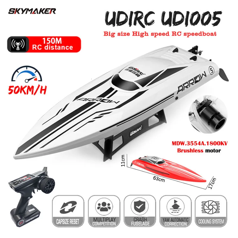 Elektrik/RC Tekneler UDIRC UDI005 RC Tekne 50km/s Yüksek Hızlı Su Geçirmez 2.4GHz Radyo Kontrol Teknesi Fırçasız RC Speedboat PVC Tekne Oyuncaklar Çocuklar İçin Hediye 230214