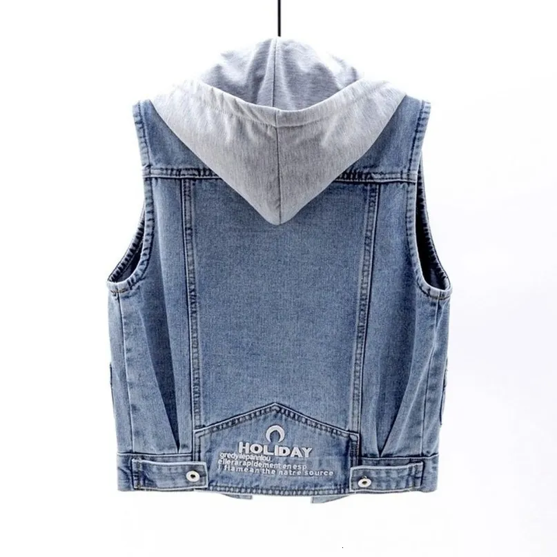 Womens Vests Women Denim Spring Autumn Clothes Sleeveless Wild Tops Blue Short Hooded Jacket Jeans Vest Female Waistcoat 230215