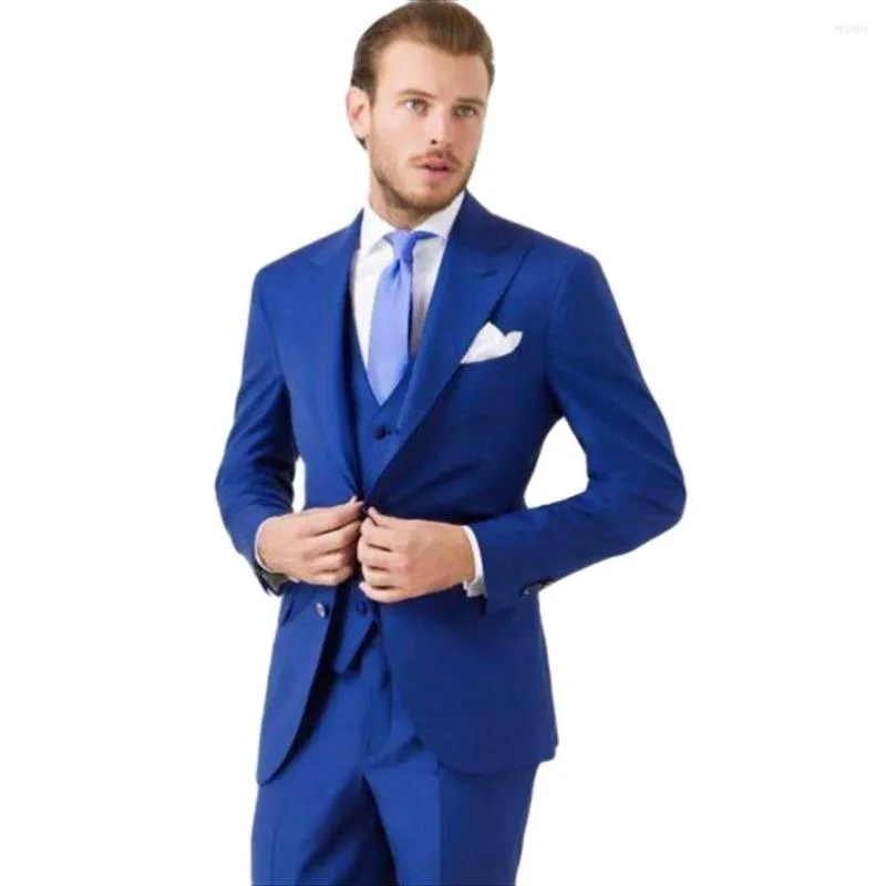 Ternos masculinos Blue Slit Mens 3 peças Shawl Black Lapeel Tuxedos casuais para padrinhos de casamento (calça de colete blazer)