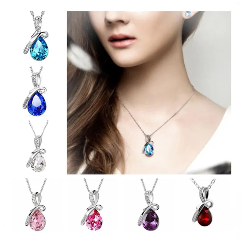 Collares con colgantes, collar chapado en plata de alta calidad, accesorios para niñas, gargantilla de gota de agua rosa de cristal brillante, regalo para mujer