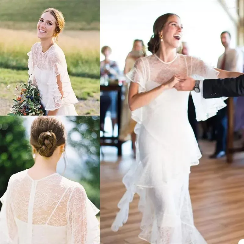 2023 Boho Country Mermaid Wedding Dresses Brudklänning Korta ärmar Spetsgolvlängd Juvelhals Anpassad Plus Size Vestido de Novia 403 403