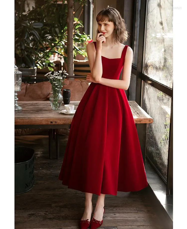 Party Dresses Red Evening With Square Collar Sleeve-less Ankle-length Custom Made Velvet Prom Dress Formal Gowns Real Image