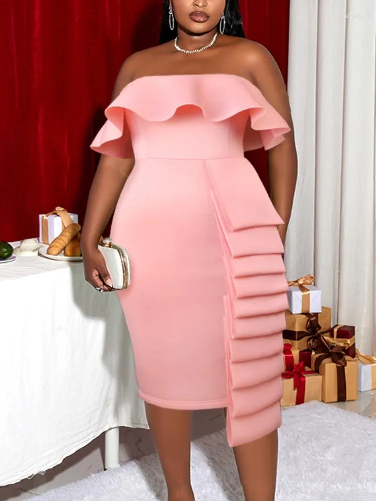 Plus Size Kleider Sexy Rosa Trägerlos Bocydon Plissee Rüschen Roben Elegante Tube Top Geburtstag Party-Event Abendkleider Vestidos