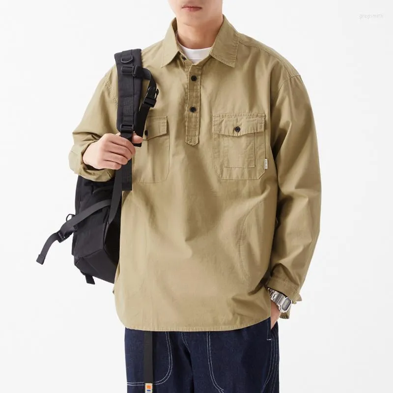남성용 캐주얼 셔츠 최고 품질의 가을면 셔츠 긴 소매화물 코트 느슨한 폴로 넥 풀오버 브랜드 남성 의류