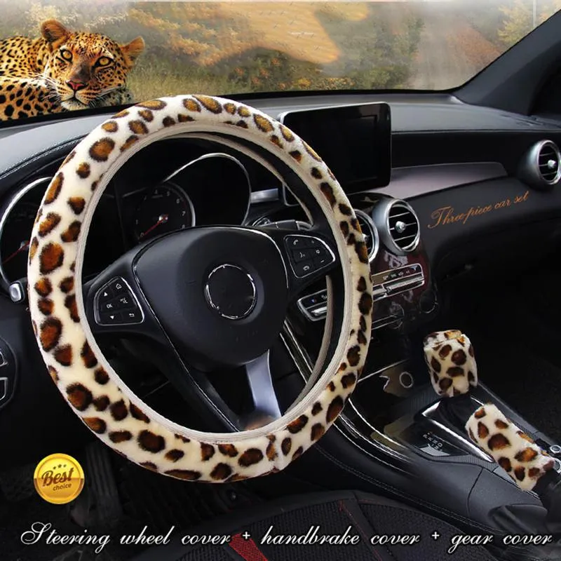 Steering Wheel Covers Universal Car Leopard Print Plush No Loop Elastic Cover Gear Handbrake Auto Interior AccessoriesSteering CoversSteerin