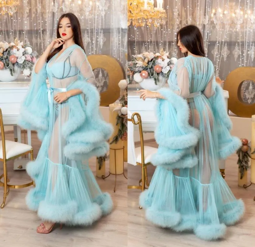 Wraps Blue Faux Fur Women Night Bathrobe Wedding Bride Bridesmaid Robes Silk Satin Lace Sleepwear Pyjamas Long Lingeries Bridal Party