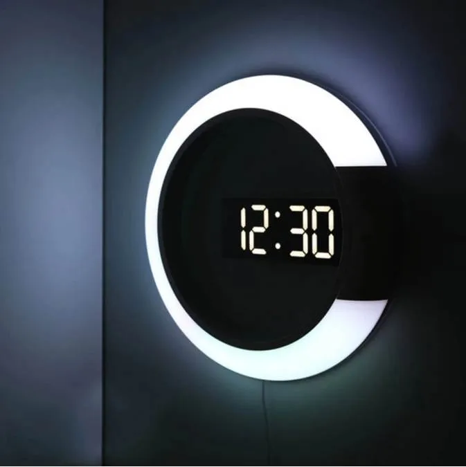 Relógio de parede LED 3D Relógio digital Clock Espelho de parede oca Hollow Design moderno Nightlight para decorações de sala de estar em casa