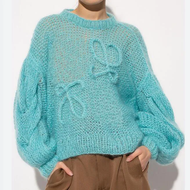 Suéteres para mujer 23SS FW Mujeres Mohair Knits Tops de diseñador con patrón de letras Girls Milan Runway Camisa de cultivo de gama alta suelta manga larga estiramiento PUS