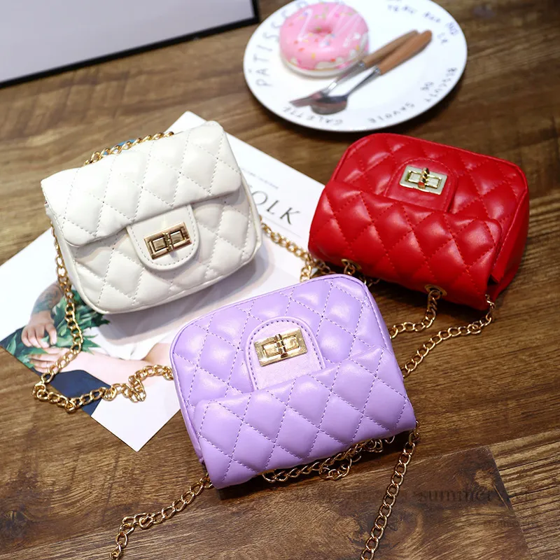 Girls diamond lattice quilted handbags kids metals buckle chain crossbody bag lady style children PU leather messenger bags Z0243V