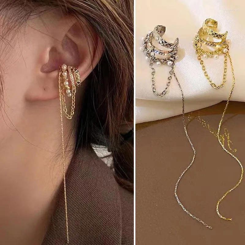 Pendientes traseros Borla larga Clip de oreja multicapa Sin agujero Personalidad coreana Perla Forma C Hueso Diseño pequeño Mujer