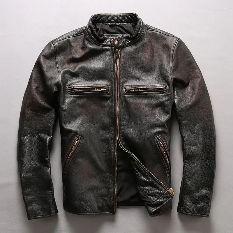 Men's Leather Men Vintage Black Motorcycle Jacket Fashion Thick Cow Skin Slim Fit Biker Jackets Winter Coats & Faux