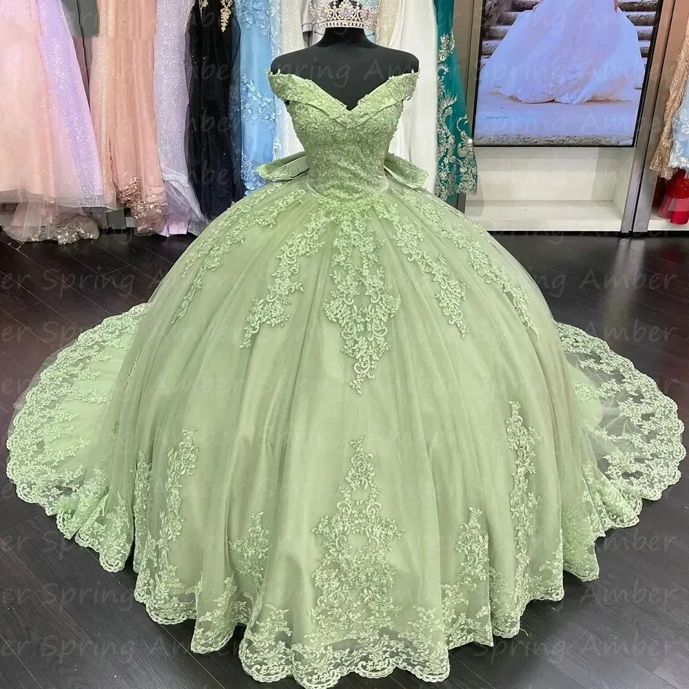 Quinceanera Springgreen Vestidos Lace Applique Off the Shoulder Straps Ruffles Corset Back Bow Custom Made Tulle Doce Princesa Pageant vestido de baile