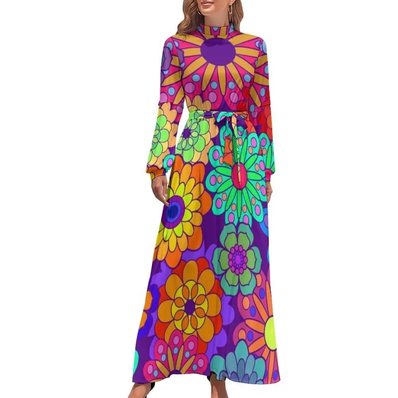 Casual Dresses Colorful Bright Flowers Dress Retro Hippy Flower Sexy Maxi Basic Beach Long High Waist Graphic ClothingCasual