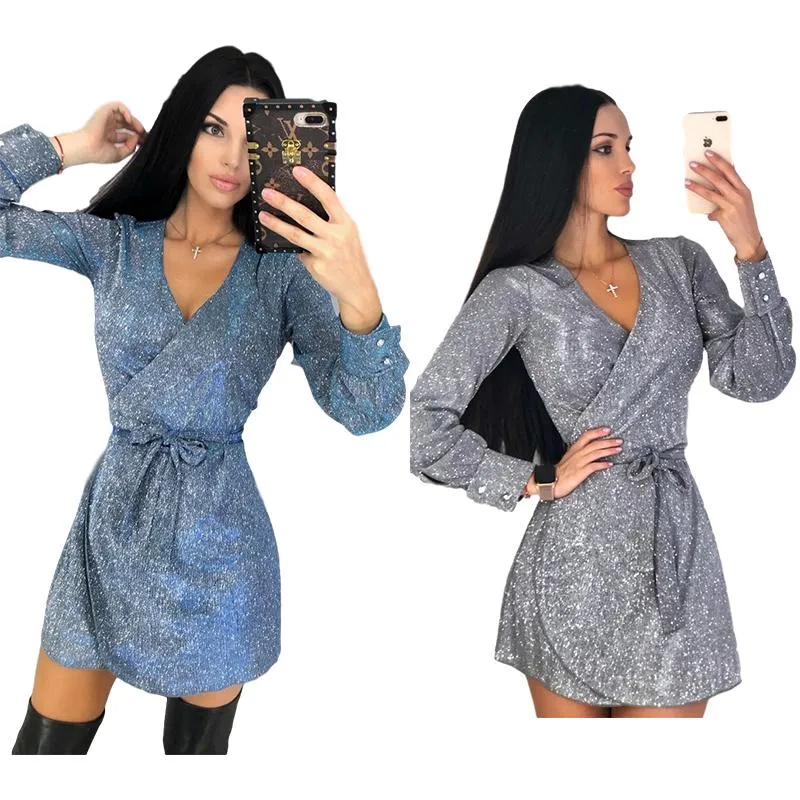 Robes décontractées robe femmes 2023 automne mode Slim Sequin Sexy Club élégant fête col en V ceintures brillant soirée formelle Mini vêtements