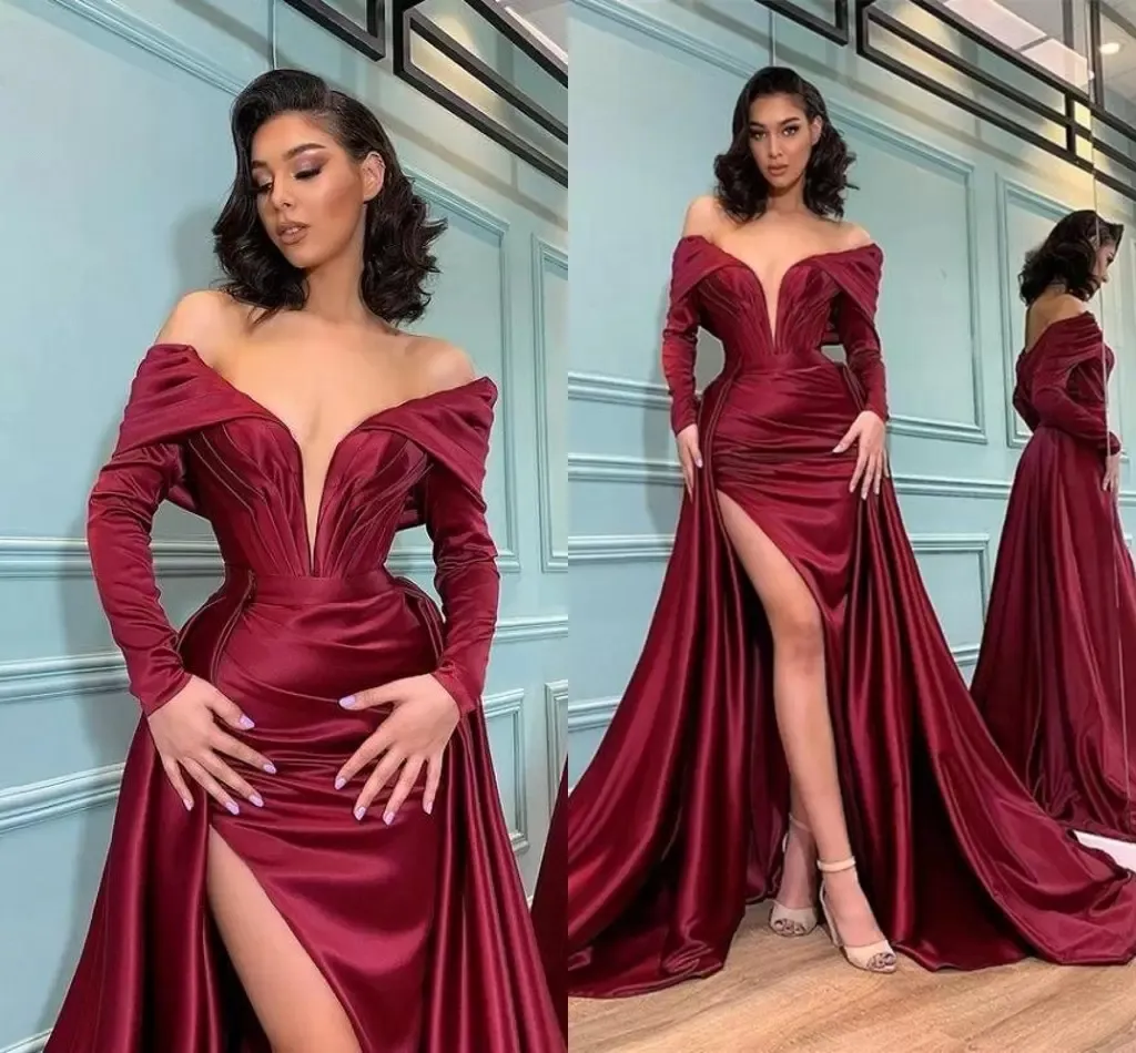 Gorgeous Burgundy Red Split Evening Dresses Arabic Off Shoulder Long Sleeve Ruffles Pleats Long Women Prom Formal Gowns Robe de Soiree 2023 New