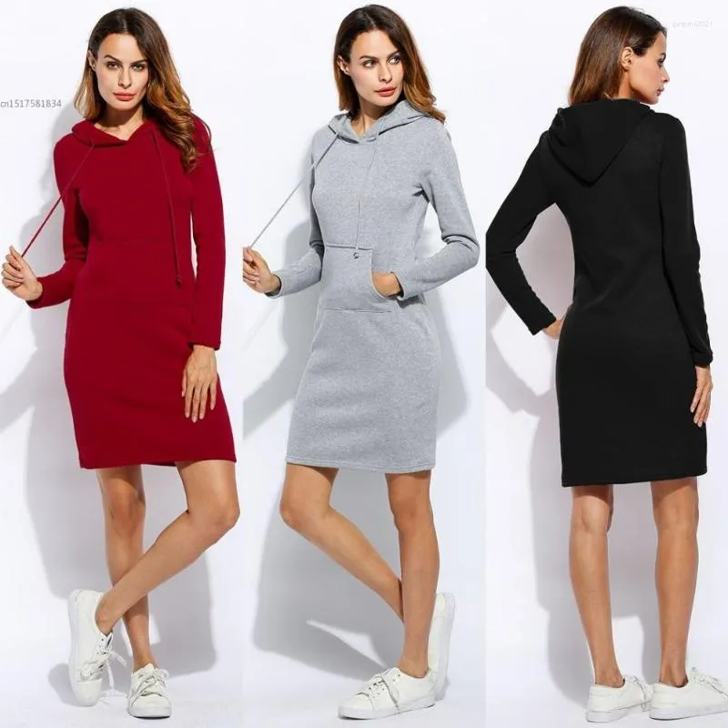 Moletons femininos Mulheres finas com capuz de manga comprida Lápis sólido Pullover algodão Mistura Capuz Dress Spring Autumn Dress Red Grey Preto Casual Moda