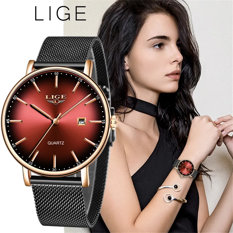 Relógios de pulso LIGE Moda Mulheres Relógio Top Marca Luxo Senhoras Malha Cinto Ultrafino Relógio de Aço Inoxidável À Prova D 'Água Relógio de Quartzo Reloj Mujer 230215