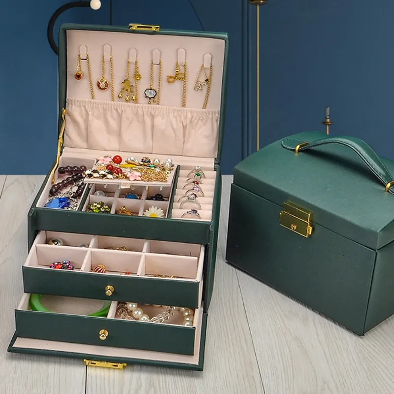 Smyckeslådor Zlalhaja 3layers smycken Organiser Box Läder stora kapacitetsmycken Boxar Display Case Halsbandörhängen Håller Lagring Box 230215